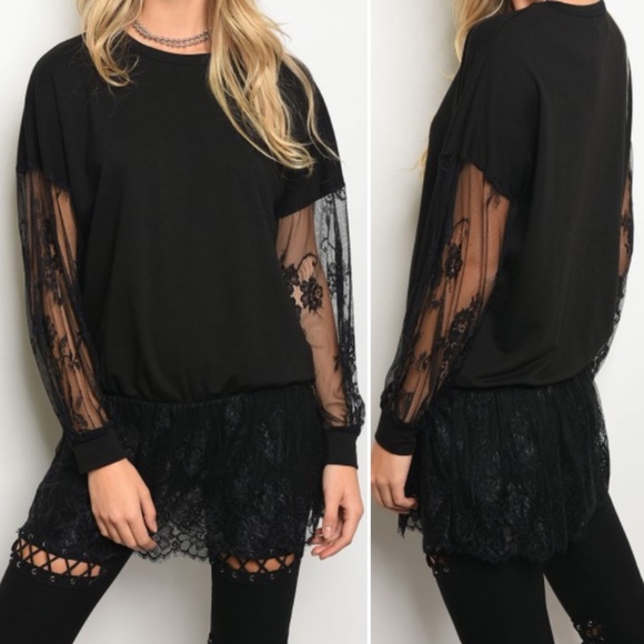 2 LEFT! BLACK LACE TUNIC TOP - Picture 1 of 4